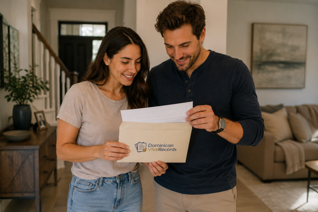 Pareja recibiendo su certificado de matrimonio dominicano enviado por Dominican Vital Records