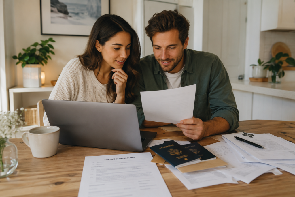 Couple reviewing documents for a civil wedding in the Dominican Republic